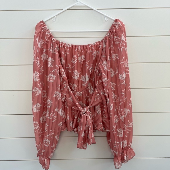 Peach Love California Pink Smocked Blouse with Ruffled Long Sleeves - Picture 2 of 6